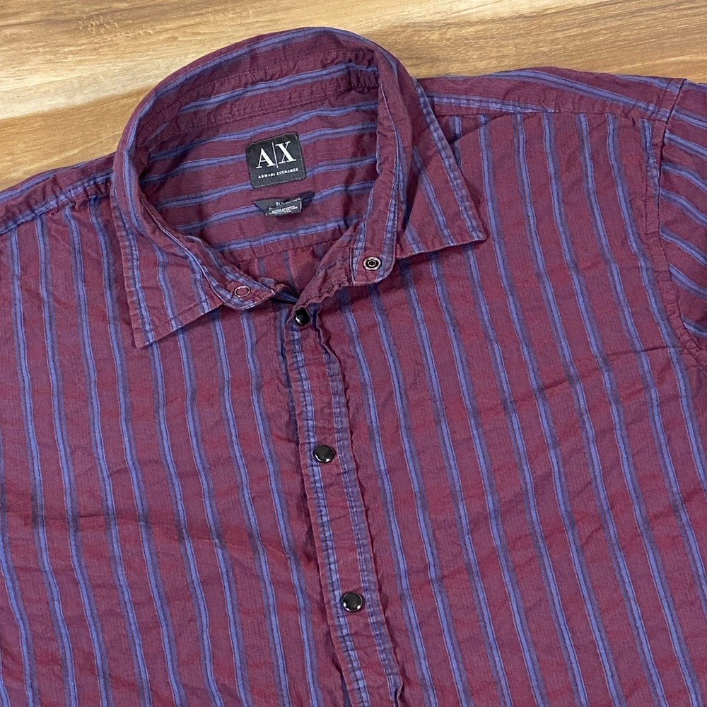 Armani Exchange Shirt Mens XXL‎ Slim Fit Striped Button Snap Burgundy Blue